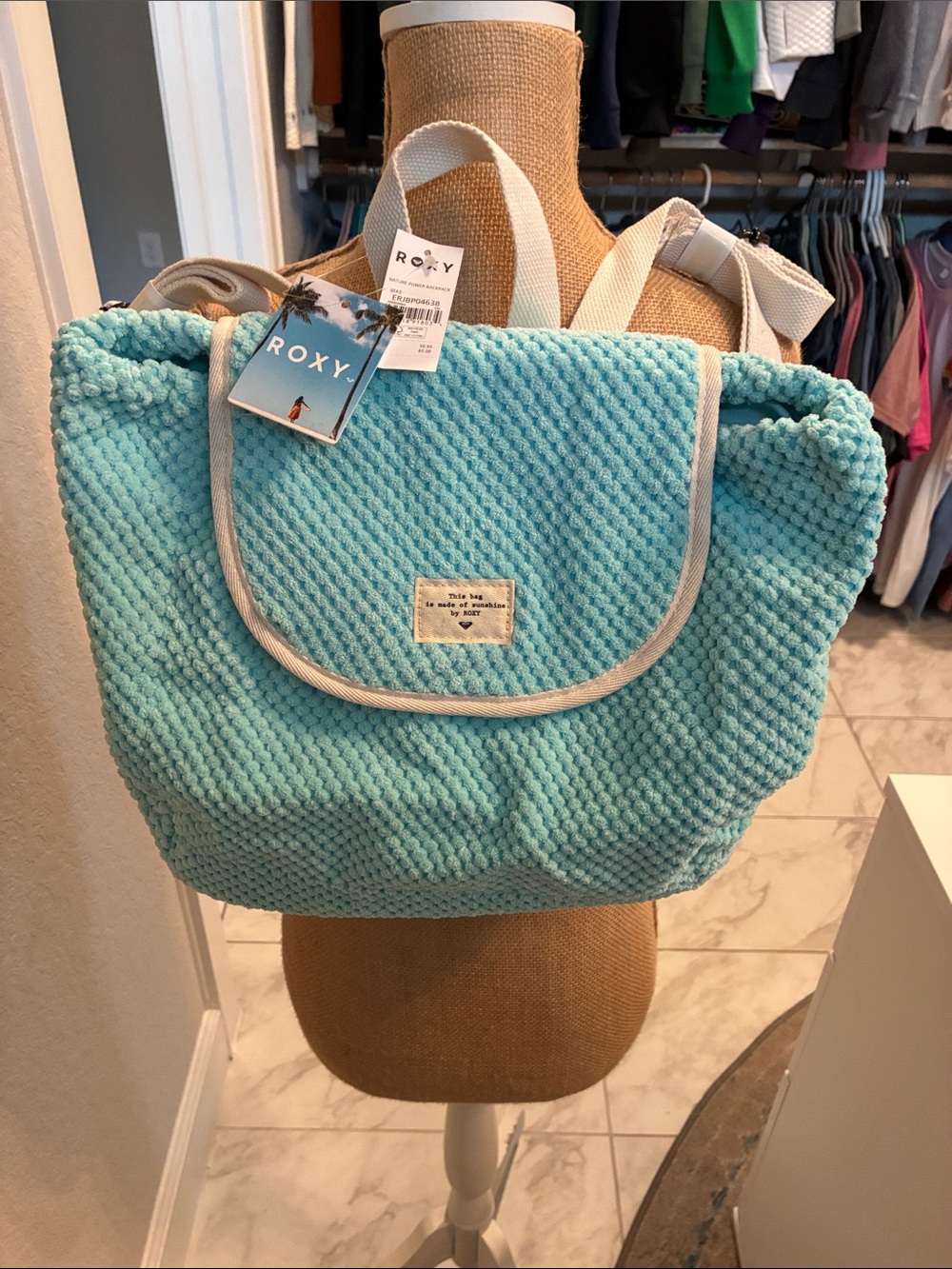 Roxy Aqua Knit Tote with Cream Trim NWT